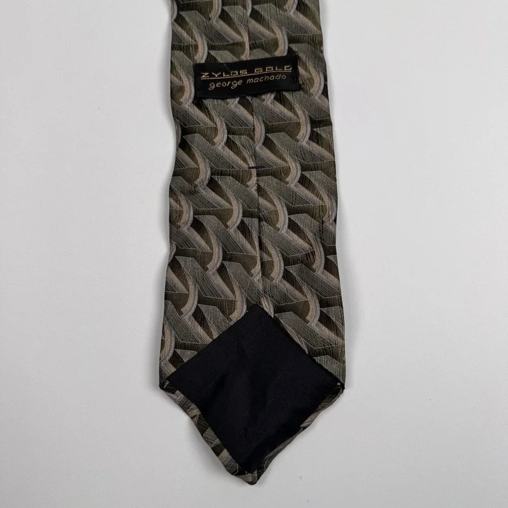 Zylos Gold George Machado Tie Mens Brown Gray Geometric 100% Silk 4 Inch Width